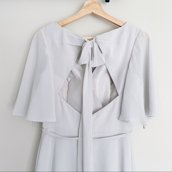 Marchesa Notte Bridesmaids Draped-Sleeve Rear-Cutout Gown Grey - Picture 12 of 16